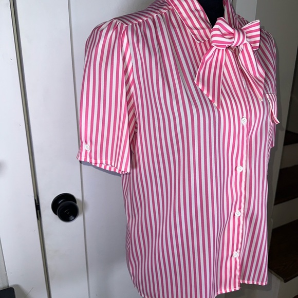 VINTAGE Pink and White Striped Blouse with Bow - Picture 4 of 8